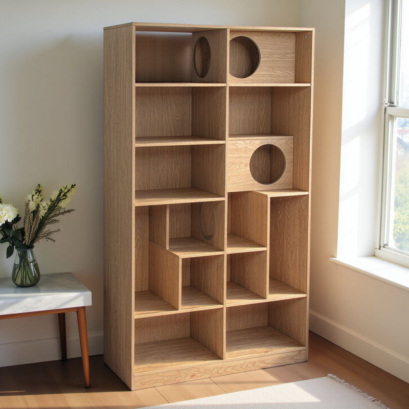 Maisonnette moderne 2 en 1 en bois avec tablette, rangement, arbre à chat, bac à litière et étagère d'escalade, aspect naturel