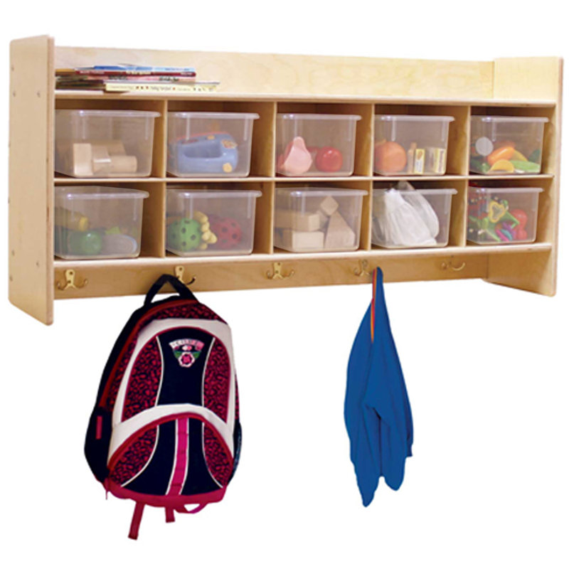 Birch Plywood Wall Hanging Cubby Storage with Hooks and Translucent Trays