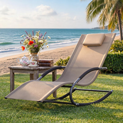 Folding Patio Recliner Lounge Chair, Breathable Mesh Rocker with Pillow, Heavy Duty Steel Frame, Portable Outdoor Seating for Pool, Garden & Lawn, Brown