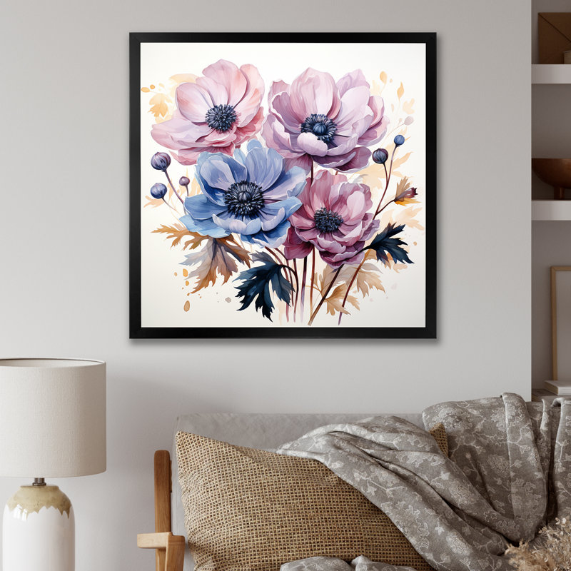 «Blue and Purple Poppy Bouquet I» - Art mural coquelicots, Toile tendue, H 36 po x l 36 po x P 1,5 po