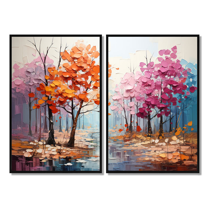 Orange, rose, Neo Primal Forest Collage - Art mural traditionnel, 36" H x 48" W, Impression encadrée flottante, Black