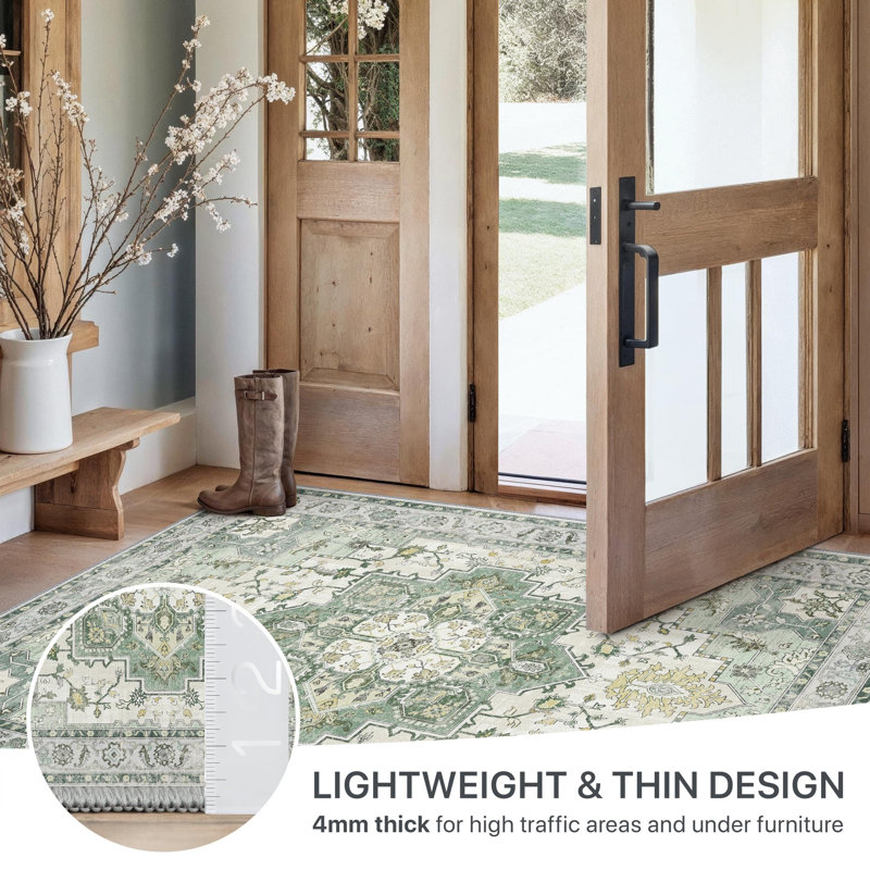 Oriental Performance Machine Washable Non Slip Neutral Green Indoor Area Rug, Runner 60 x 120 cm