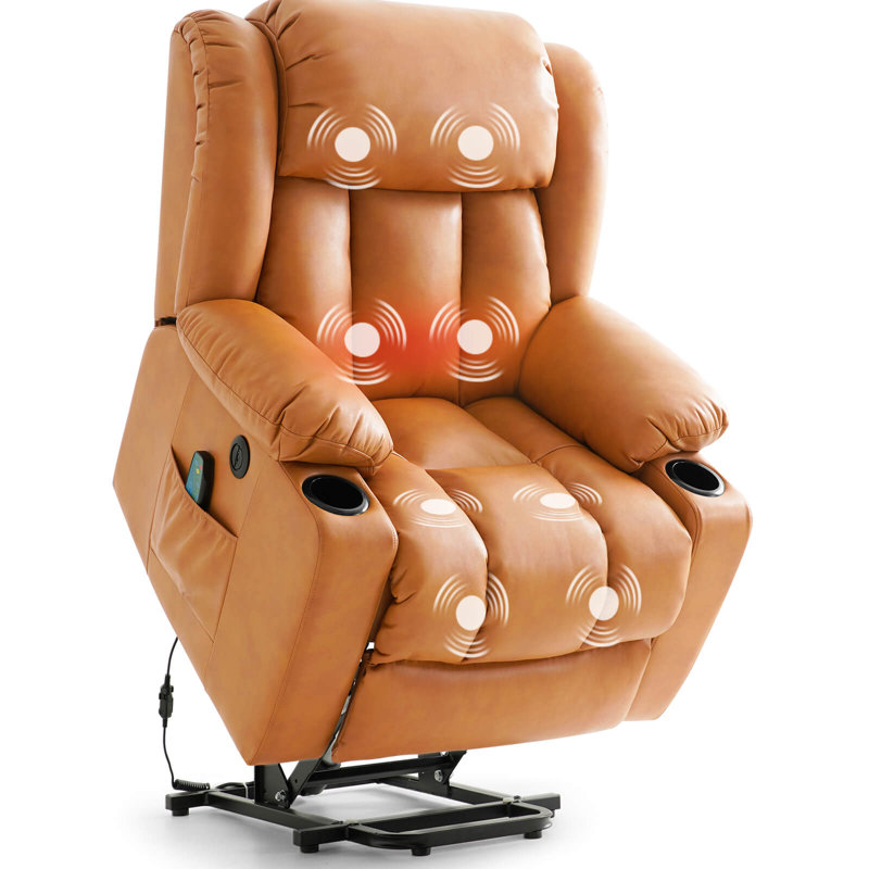 Power Lift Recliner Chair for Elderly With Vibration Massage Heat And Cup Holders, 2 Side Pockets, Orange Faux Leather