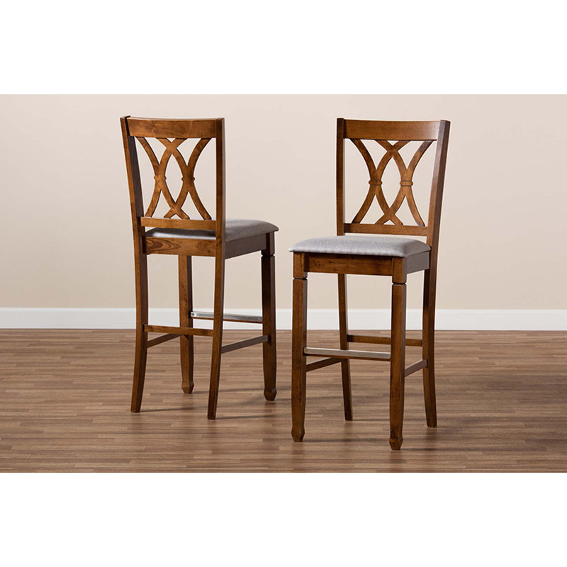 Upholstered Counter Stool with Solid Wood Frame, Brown, Light Gray