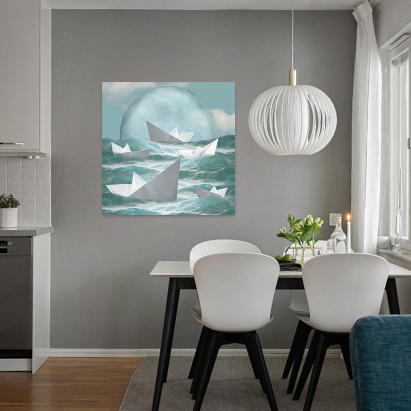 Bateaux sous la lune, paysage océanique abstrait paisible et serein, affiche murale, H 32 po x l 32 po