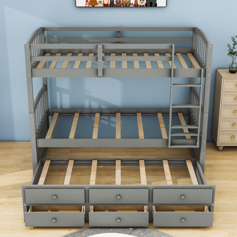 Ehrfried Kids Twin Over Twin Bunk Bed with Trundle with Drawers, Gray