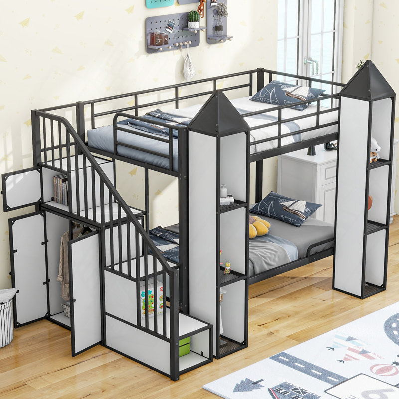 Lit superposé simple au-dessus d'un lit simple en métal avec garde-robe et rangement multiple en métal, noir et blanc