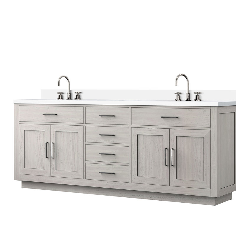 84 po Meuble-lavabo double large en chêne blanc, comptoir en quartz, robinet, mécanisme de fermeture en douceur, meuble-lavabo en bois massif et avec largeur de 22 po, finition, fermeture, maquillage