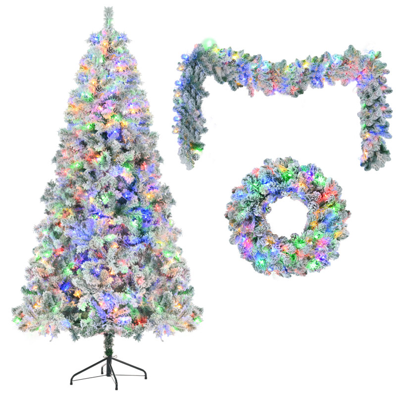 Ensemble d'arbre de Noël artificiel enneigé 6 pi avec couronne et guirlande, 8 modes d'éclairage, 928 branches et pommes de pin, lumières DEL colorées