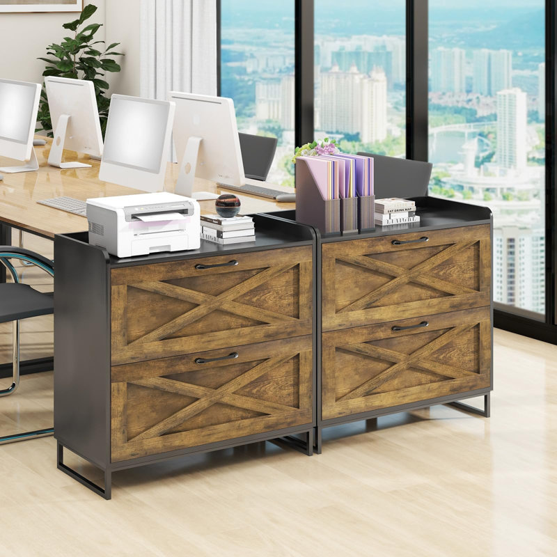 Lateral File Cabinet With Charging Station, Black/Brown