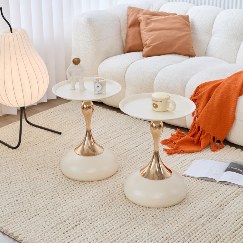 Stylish Accent 2 Pack End Table, White Tabletop Gold Pedestal Base for Bedroom Office