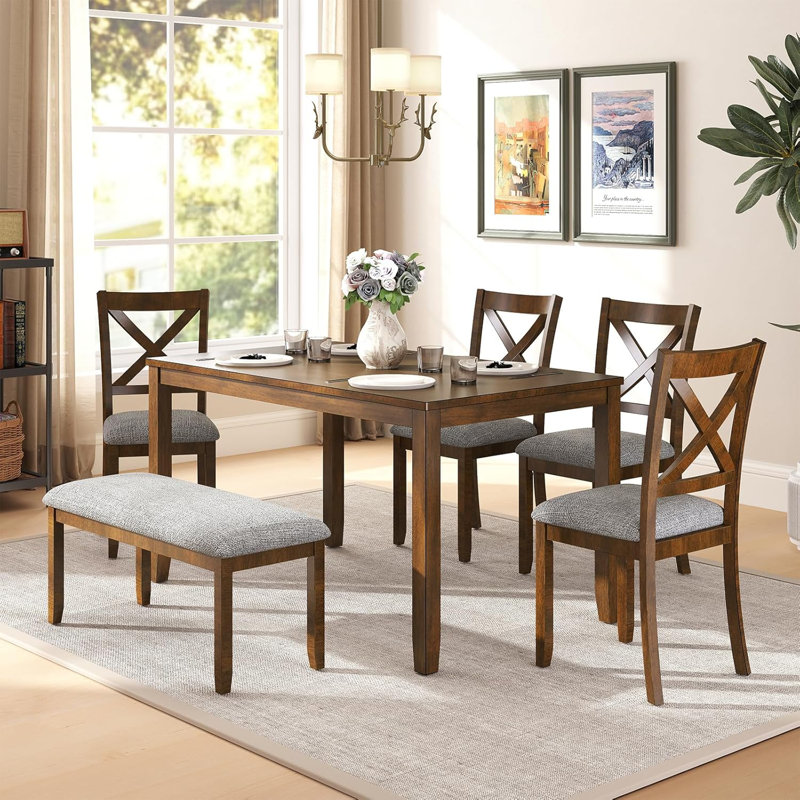 L'ensemble de table de salle à manger pour 6, ensemble de table et chaises de cuisine 6 pièces, comprend 1 table, 4 chaises rembourrées et 1 banc, un dossier en forme de X,