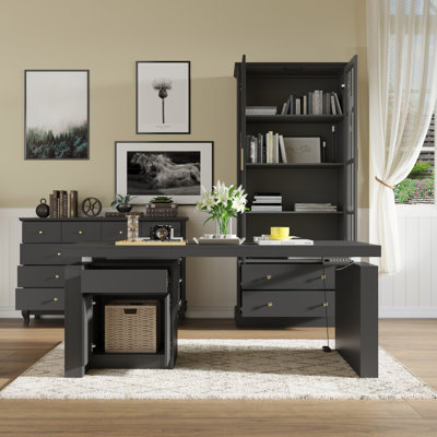 3 Piece Office Set 71'' H Height Adjustable Standing Desk With 31'' W Bookcase And 55'' W Dresser