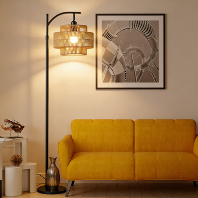 Lampe sur pied moderne avec abat-jour en rotin tissé à la main, conception à 3 niveaux, télécommande avec 3 températures de couleur et éclairage à intensité variable pour le salon, la chambre à coucher ou le bureau