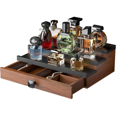 Support à parfums en bois à 3 niveaux, étagère de rangement en bois pour bureau avec porte-parfum, étagère de rangement pour bijoux de la commode de chambre à coucher avec tiroir