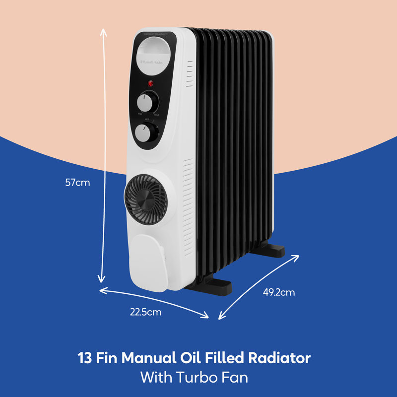 Russell Hobbs Rhofr2403 2.5kw 13 Fin Manual Oil Filled Radiator W/ 400w Turbo Fan 