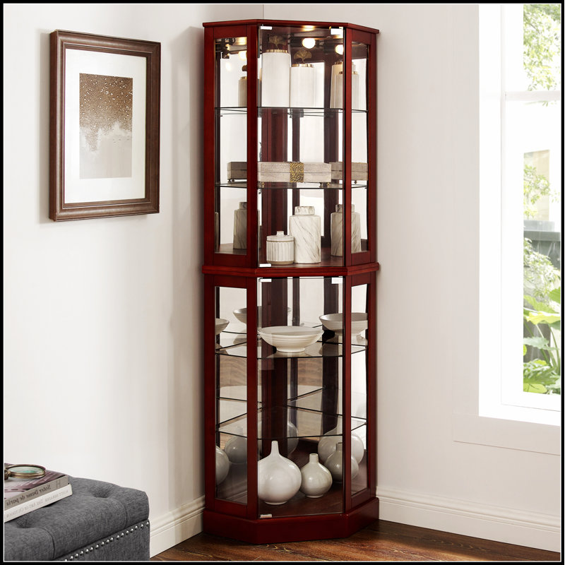 Vitrine de coin à 6 tablettes avec lumières, miroirs et tablettes réglables pour une décoration intérieure élégante, Cerisier