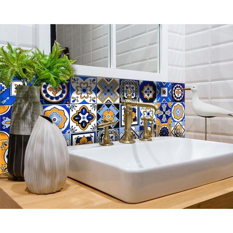Adhésif décoratif à carreaux décoratifs, Jaune / Bleu / Blanc, 4 po x 4 po