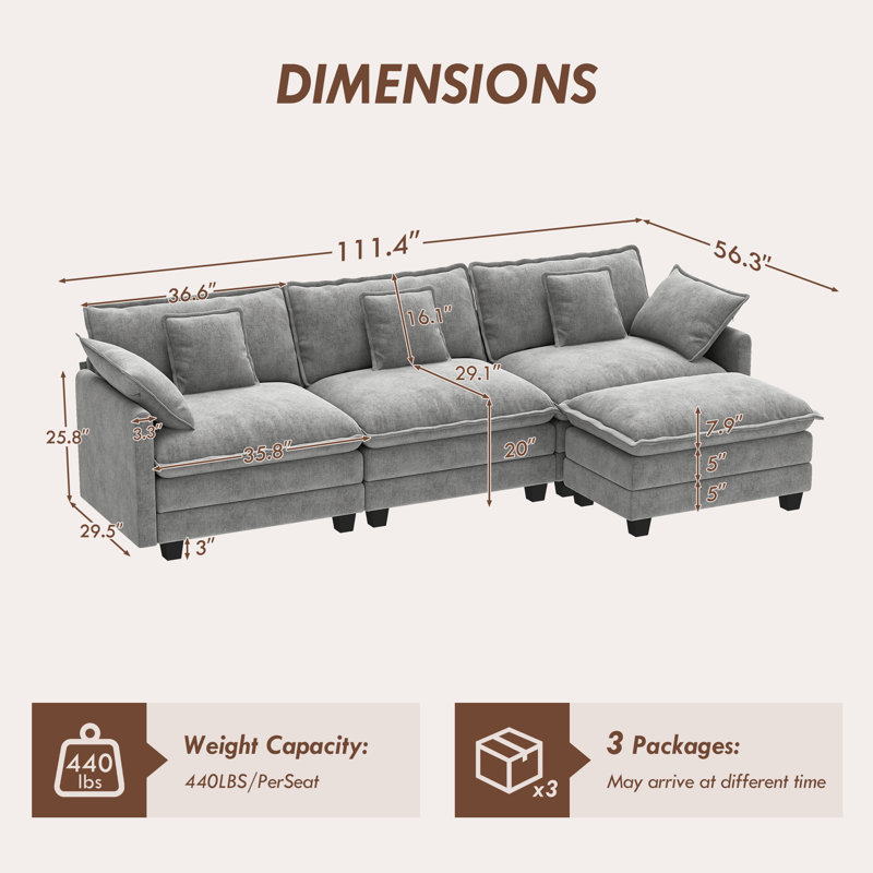 Canapé modulaire en L en chenille de 111,5 po avec repose-pieds George, Gris chenille