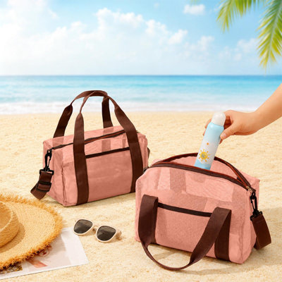 Sac de rangement portable en filet pour vêtements de plage et de sport, grande capacité, multipoches, avec bandoulière amovible.