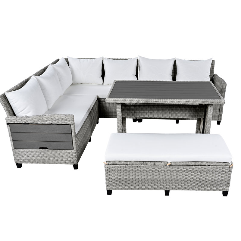  5-Piece Outdoor PE Wicker Patio Sofa Set with 2 Extendable Side Tables, Dining Table, White, Grey