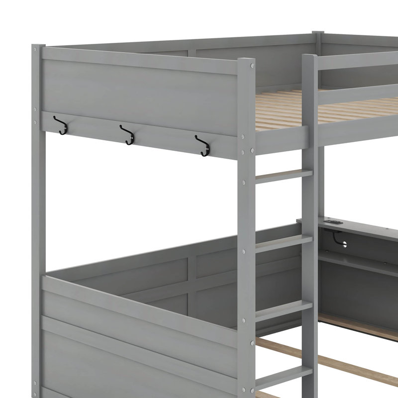 Queen Size Wooden Bunk Bed With Shelves And USB Charging Station, Gray