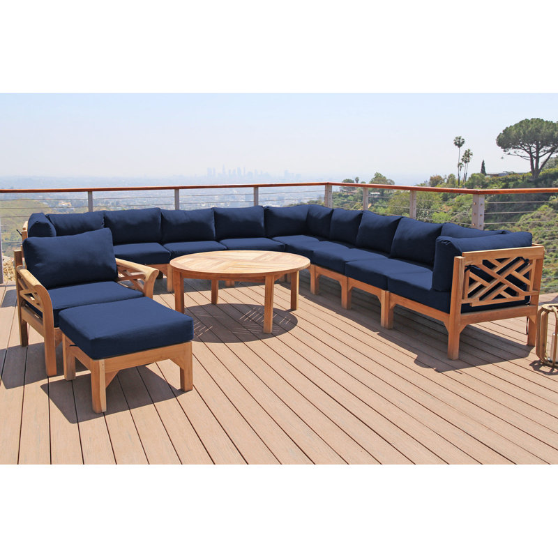 Ensemble de conversation d'extérieur 8 personnes avec coussins Monterey Teak, 5 Pcs:  Sectional,Chair,Cushion,Table,Ottoman