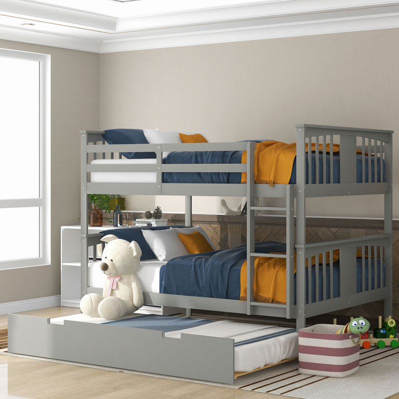 Bunk Bed With Trundle And Ladder, Gray