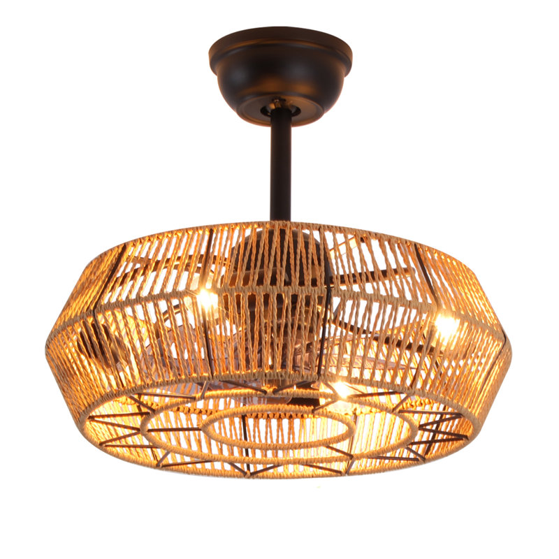 19" Rattan Caged Ceiling Fan with Light, 6-Speed Remote & Whisper-Quiet Reversible DC Motor