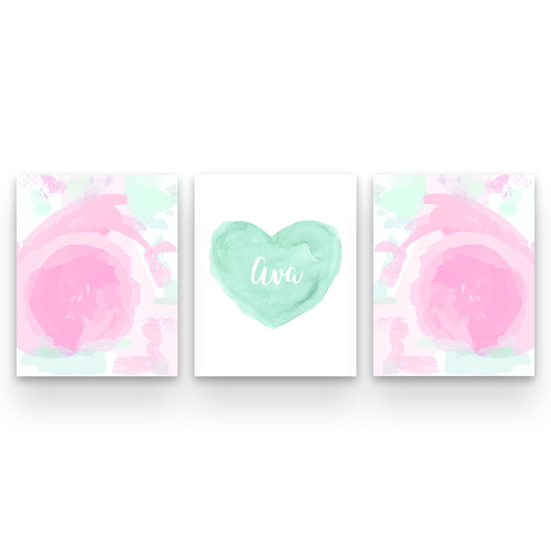 Abstrait rose rose et cœur de menthe, 3 impressions sur papier, H 14 po x l 11 po x P 0,063 po, Oui