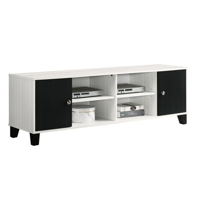 Meuble télé blanc avec détails noirs, tablette ouverte et compartiments latéraux dissimulés, style contemporain pour salon, largeur 39,6 cm (15,6 po), étagères décoratives.
