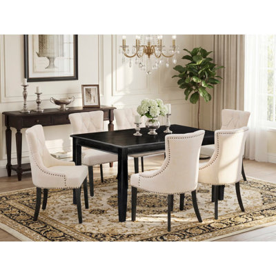7 Piece Dining Room Table Set Consist of a Rectangle Wooden Table and 6 Light Beige Linen Fabric Upholstered Parson Chairs, Black