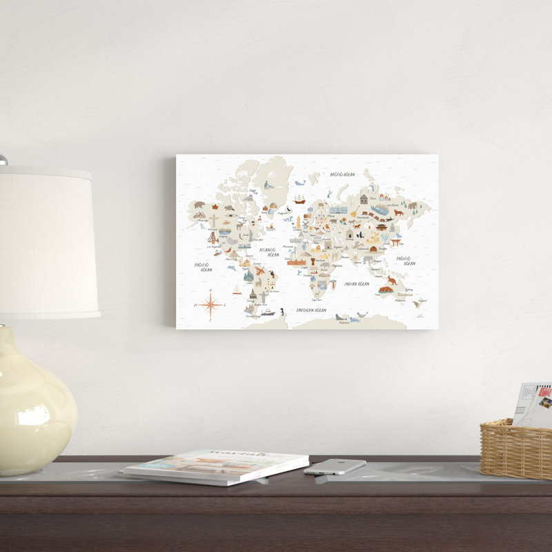 "Autour du monde I" par Laura Marshall, H 12 po x l 18 po, Noyer avec cadre simple, Non