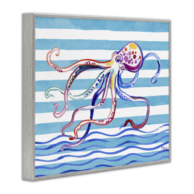 Brushed Octopus on Stripes Framed Giclee, design by Paul Brent