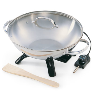 Wok électrique en acier inoxydable avec couvercle en verre et spatule en bois Presto 1500 Watts