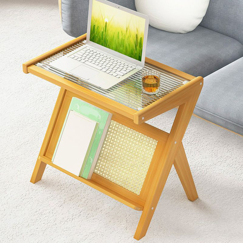 Table d'appoint en bois massif avec plateau en verre transparent et porte-revues en rotin - Table de bout pour le salon et la chambre à coucher