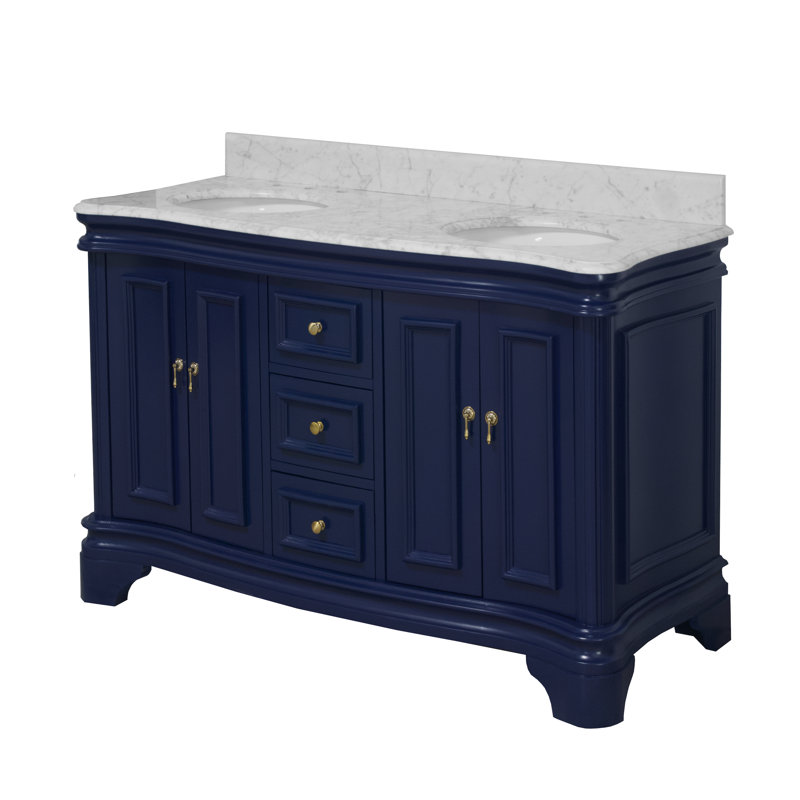 Ensemble de meuble-lavabo double 60 po avec armoire bleu royal et comptoir en marbre de Carrare Katherine, Marbre de Carrare