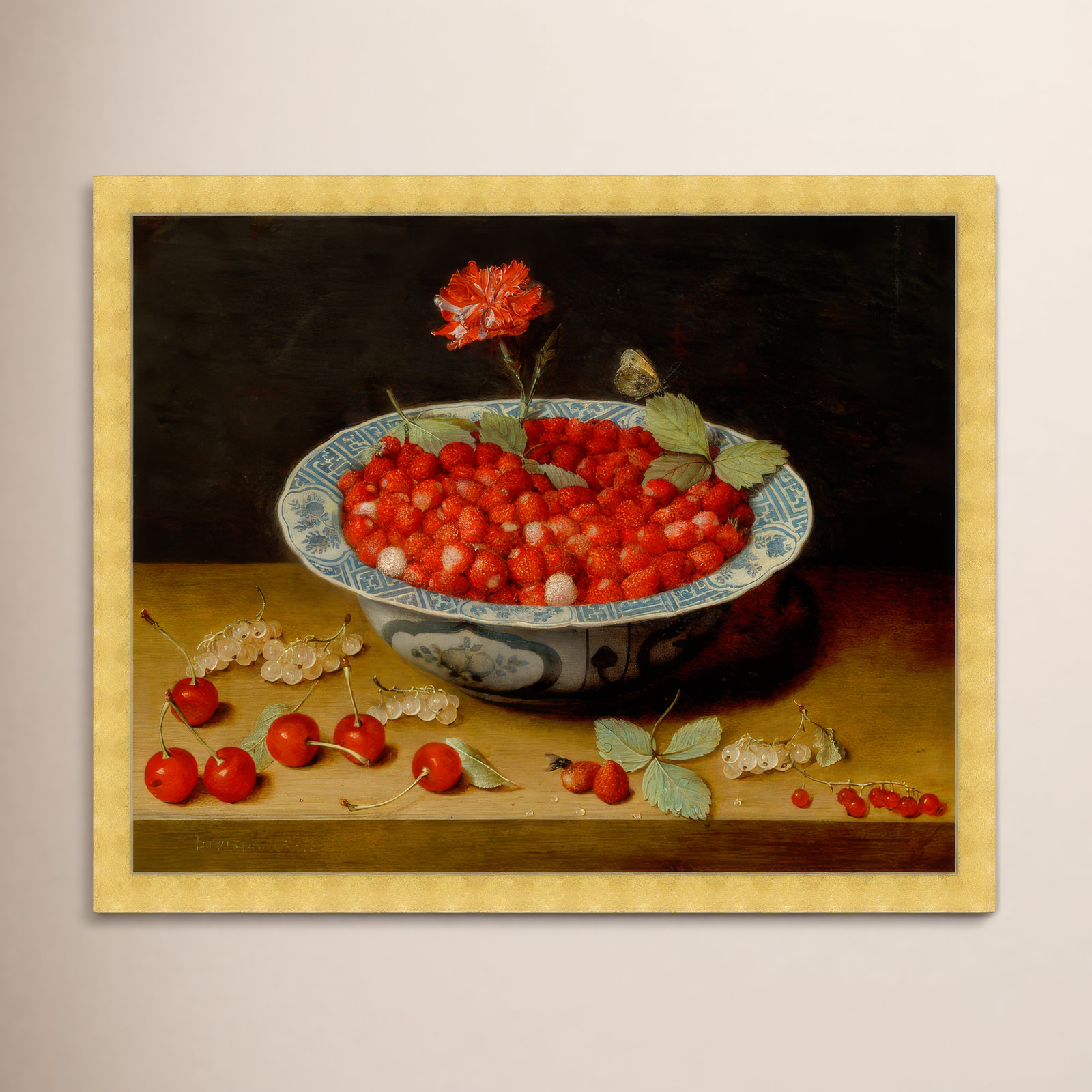 Van Hulsdonck - Wild Strawberries And A Carnation by Van Hulsdonck, Gold, 19" H x 22" W x 0.5" D