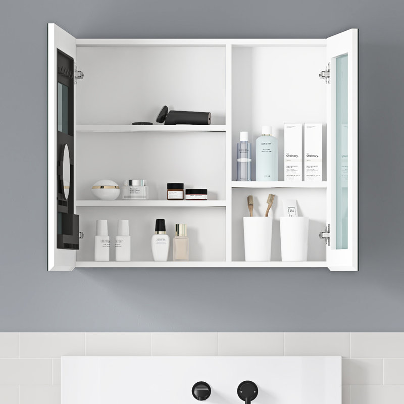 Armoire à pharmacie de salle de bain avec rebords biseautés H 30 po x l 30 po, miroir haute définition, bois d'ingénierie blanc, charnières à fermeture douce et espace de rangement X Edge pour une utilisation silencieuse