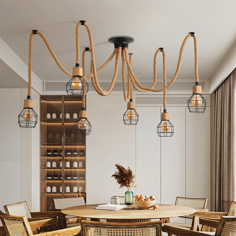 Luminaire suspendu vintage en corde de chanvre, Six lumières