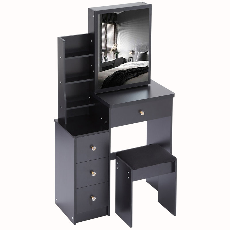 Ray Cabinet Vanity Table with Padded Stool, Black 1