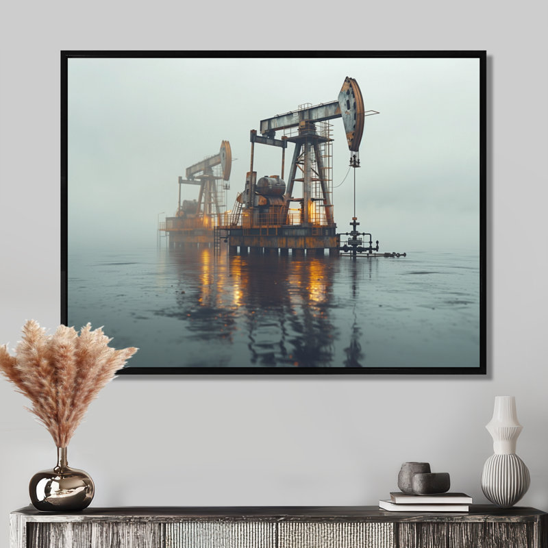 Gris, jaune, hiver, carburant, Futures, plate-forme de pétrole, Toile avec cadre flottant noir, H 30 po x l 40 po x P 1,5 po