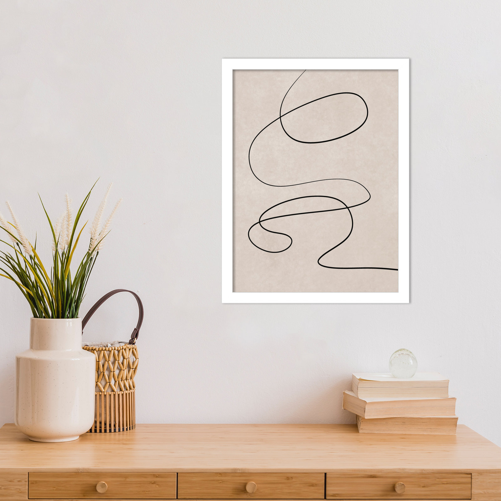 Black Line and Textured Beige Print, 17" H x 13" W, White