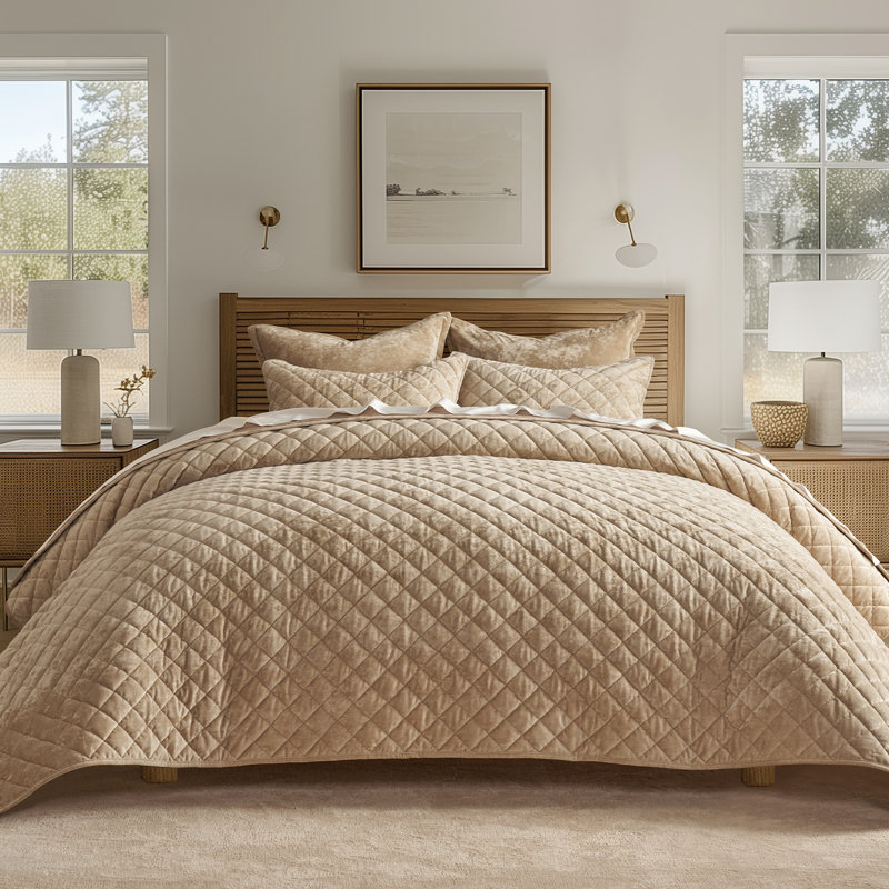 Luxury Diamond Crushed Velvet Quilt Set, King Quilt + 2 King Shams, Taupe