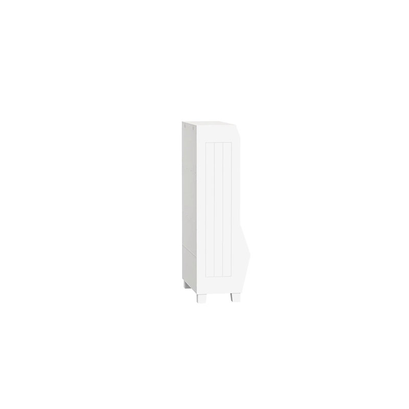 Kids White Bookshelf with Blue Fabric Bins and Veggie Bin