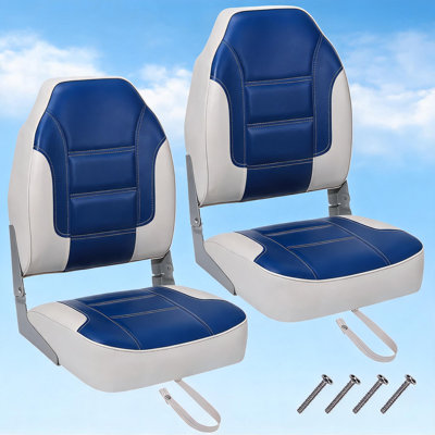 Comfortable High Back Folding Boat Seats, 2 Pack – Thick Sponge Padded, Waterproof Marine Chair – Durable & Easy to Install for Fishing, Pontoon, Speedboat, Canoe – Royal Blue and White Stitching