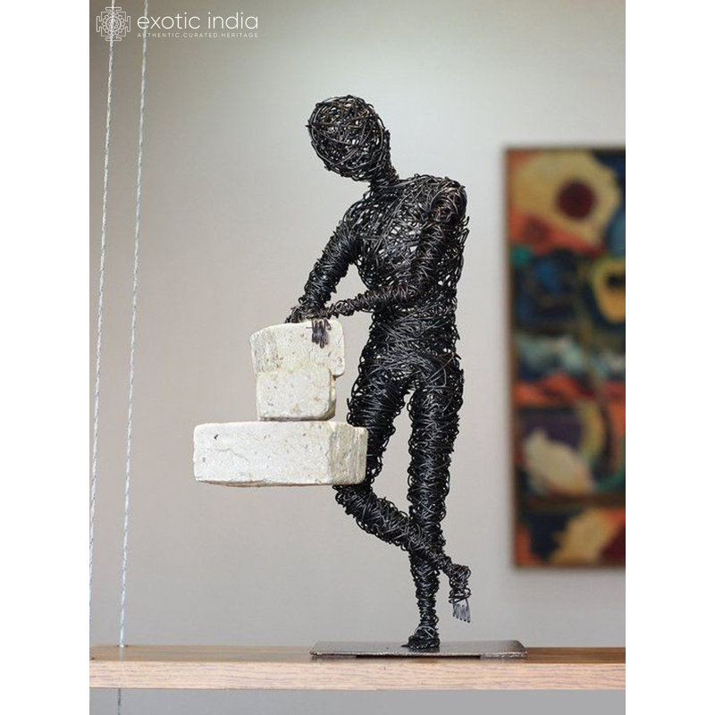 12" Let's Think New Wire Art Sculpture - Handcrafted Iron Contemporary Figure with Textured Blocks - Modern Abstract Table Décor