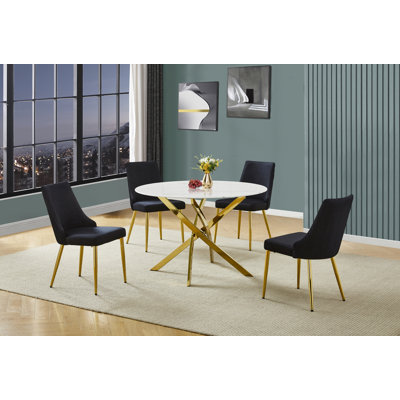 Ensemble de salle à manger rond en verre avec revêtement en marbre blanc et 4 chaises d'appoint en velours