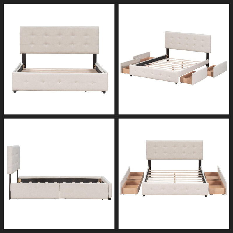 Lit avec rangement élégant et tête de lit classique - plateforme en lin gris clair pour grand lit, Beige