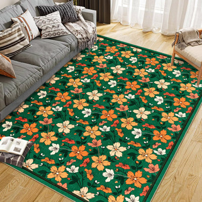 Tapis moderne à motif floral vert, lavable, 2,4 x 3 m (8 x 10 pieds), idéal pour le salon, la chambre ou la salle à manger. Velours perle doux à poils courts, pliable, avec envers antidérapant en TPR, résistant aux taches et facile d'entretien.
